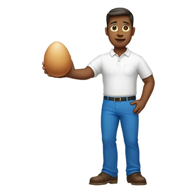 man standing holding a egg in left hand and wearing white Polo shirt and blue pants sticker
