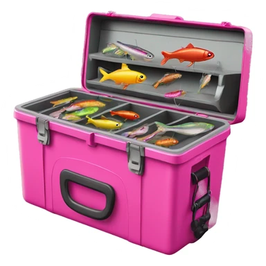 Realistic hot pink Fishing tackle box open with  fish bait and hooks inside of it sticker