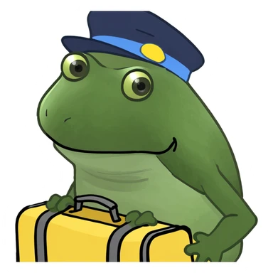 bufo frog meme style, bufo with suitcase and hat, waving goodbye, 'out of office' note sticker