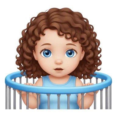 Blue-eyed baby girl with soft loose brown curls in playpen  sticker