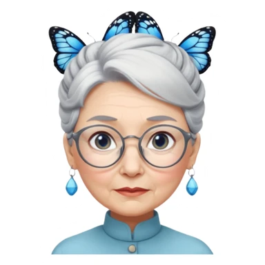 A beautiful grandmother with a delicate face and white/grey hair styled in high buns. She has steely blue/grey eyes and an intense gaze, and wears pretty glasses with butterfly frames. No background sticker