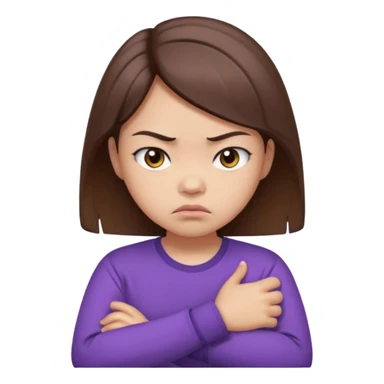 Angry Pouty girl with small asian eyes folding arms in a purple longsleeve shirt she has fair skin and brown hair sticker