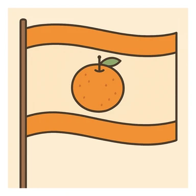 Reduce the size of the mandarin, remove any human elements, make the background white, and keep the flag style with orange stripes at the top and bottom. Maintain the overall composition and style as in the original image. sticker