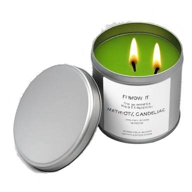 realistic, lit matcha scented candle, silver tin, small white label, text sticker