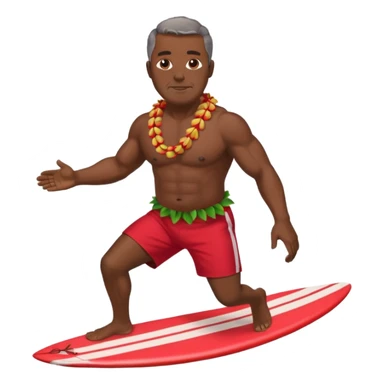 Dark muscular 50 year old man with red shorts and shell lei surfing sticker