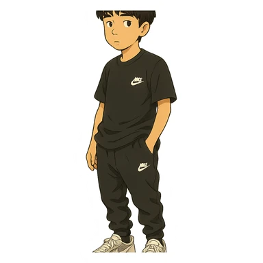 chico moreno cartoon with eyebrow-length bangs, wearing a black Nike t-shirt, black Nike pants lowered, white Dior sneakers, urban flow sticker