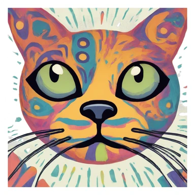 Abstract quirky funky cat made of different shapes and squiggles linocut multicoloured illustrations  sticker