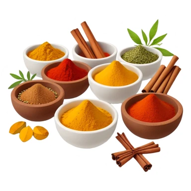 Assorted colorful spices in small bowls, including red paprika, yellow turmeric, green herbs, and brown cinnamon sticks sticker
