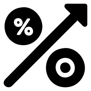Create an icon with a percentage symbol and an upward arrow, in a minimalist style with solid black fill and transparent background, similar to the example provided. sticker