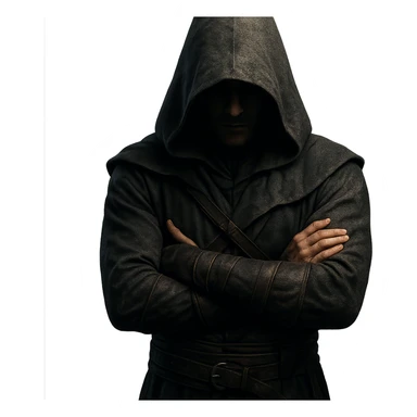 person in a hood, arms crossed like Assassin's Creed, mysterious vibe sticker