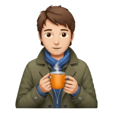 A gentle-looking man with messy hair and layered torn jackets, warming his hands over a small tin cup of hot drink.
 sticker