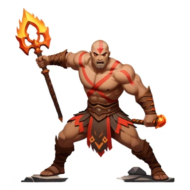 An icon showing a powerful warrior wielding a weapon, inspired by God of War: Ragnarok. The design captures the character’s strength, with dynamic motion lines. A fiery, mythological background with mountains and ruins enhances the epic atmosphere. Transparent background. sticker