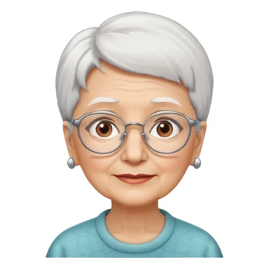 Create me emoji of an old lady. Short white hair to left side. Square glasses. Brown eyes. Rounded really big and long face. Wide nose sticker