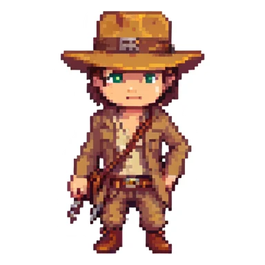 Indiana Jones pixel art, iconic hat and whip, exploring a temple, retro video game style sticker