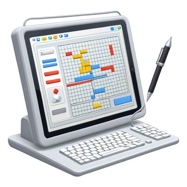 Emoji for Game Design: computer screen with Professional game interface, 3D models, pixel art, and design tools like grid, wireframe, and stylus. Symbolizes the technical and creative process of game development. Transparent background. sticker