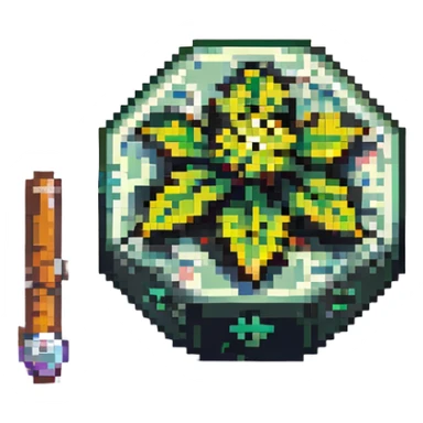 20-sided die d20 pixel art style holding or next to a rolled up weed joint sticker
