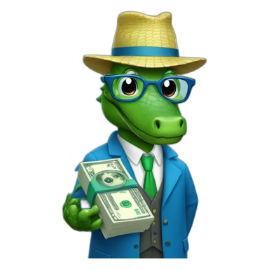 Professor crocodile wearing blue with dollars cash sticker