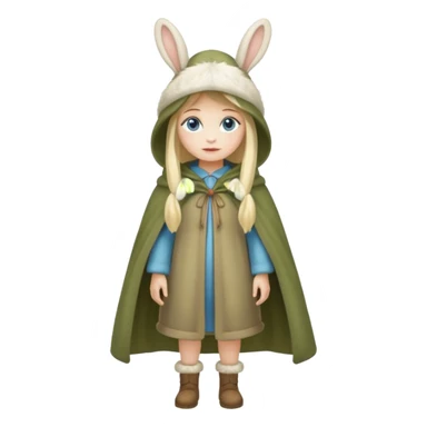 full body woman long blonde hair blue eyes white skin wearing rabbit hat and soft moss cloak sticker