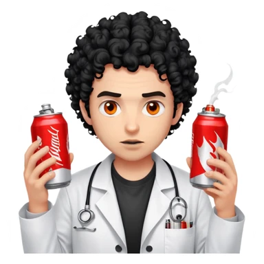 Hair: Untamed black curls with forehead strands sticking up Face: Monolid eyes bloodshot from screen glare, stubble shadow Clothes: Wrinkled graphic tee under unbuttoned lab coat Action: Frantically typing with energy drink cans piled high sticker