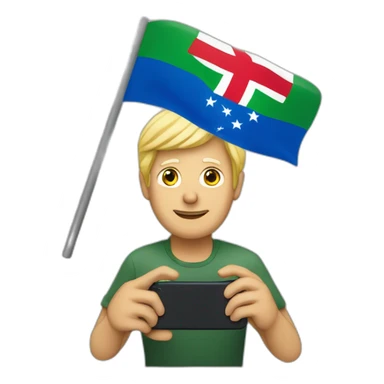 A 50 years old man, with blond hairs, holding an iphone in one,  and a portugueese flag in the other hand  sticker
