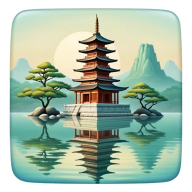 Cinematic Realistic Tran Quoc Pagoda Landmark Emoji, depicted with an ancient pagoda set on tranquil waters rendered with delicate textures and serene, reflective lighting. sticker