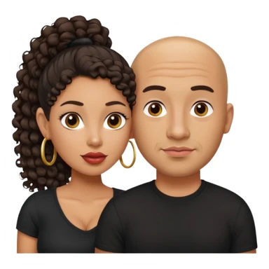 A picture of a tanned couple. the man is a Mexican man with tanned skin, a bald hair cut, short shaved beard and wearing a black shirt. the woman is mixed, with curly medium length hair in a pony tail, with big boobs and lips  sticker
