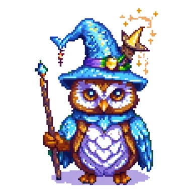 pixel art wizard owl wearing a pointed hat holding a wand magical sparkles retro game style sticker