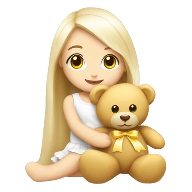 cute white doll with yellow bow, long straight hair, hugging a Teddy bear sticker