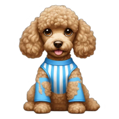 Light brown poodle seated with a white and blue vertical striped t-shirt sticker