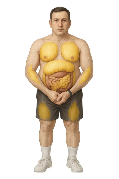 a middle-aged man stands in a clinical setting, with semi-transparent overlays highlighting areas of excess body fat accumulation—such as the abdomen, chest, and thighs. The fat tissue is shown in yellow, contrasting with underlying muscles and organs. The man’s expression is neutral, and the background is clean and modern, emphasizing the educational aspect. senza scritte sticker