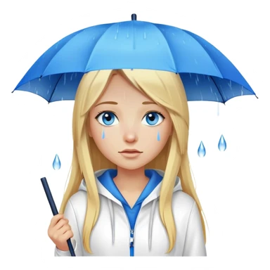 Cinematic realistic emojis in the form of a blonde girl with long hair, blue eyes and a straight nose, wearing a white hoodie, holding an umbrella above her, on which rain is dripping sticker