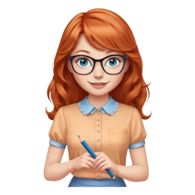 redheaded woman with long wavy hair and bangs, blue eyes, clear cat-eye glasses, short-sleeve apricot blouse, pencil skirt, holding a pencil, smiling sticker