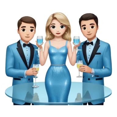 Sabrina’s carpenter in a light blue sparkly dress at a table with 3 handsome men facing each other and she is standing up putting her hand out. There are drinks on the table  sticker