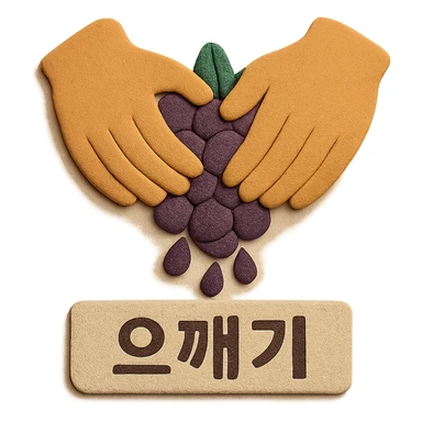 An icon in paper craft style showing the action of crushing grapes by hand. Add the Korean text '으깨기' at the bottom of the icon. Background should be transparent with no background color. sticker