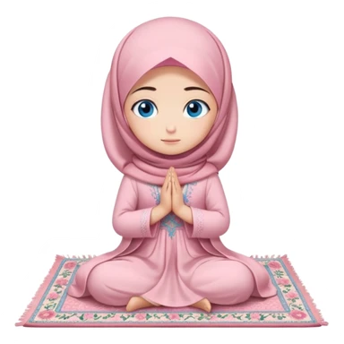 Turkish beautiful finish Konya girl blue eyes with powder pink color flower hijab long tail dress and sits on the pray mat namaz on the ground with dua  sticker