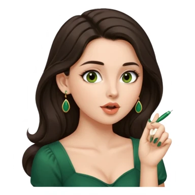 pretty bratz genmoji that looks like tamannah bhatia (bollywood actress), wearing a dark green sweetheart neckline top, dark brown hair, light makeup, no necklace, dangly earrings, SIDE hair part, fair. dark brown eyes, long hair

Show her licking her finger  sticker