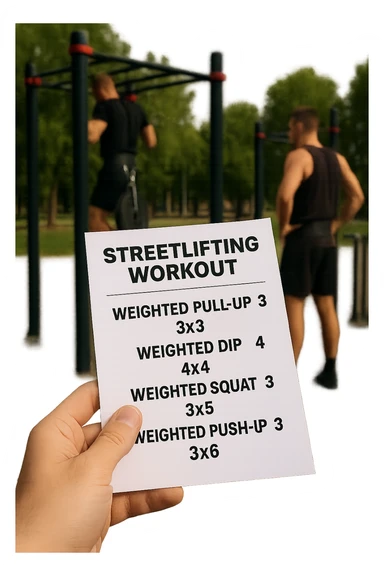 a close-up of a hand holding a printed streetlifting workout routine, with the exercises and sets written in bold text. In the background, an outdoor gym with pull-up bars, dip stations, and athletes wearing weighted belts. The lighting is natural, and the mood is motivational. sticker
