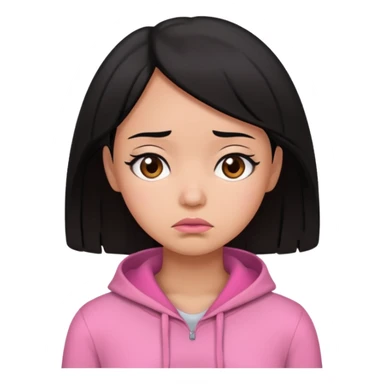 black hair woman with pink outfit and sad face sticker