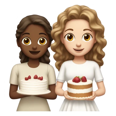 Girl with wavy hair and girl with brown straight hair together holding big white cake sticker