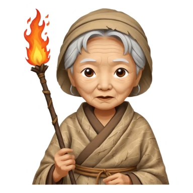 ancient asian old woman, tattered leaf cloth, hold fire stick sticker