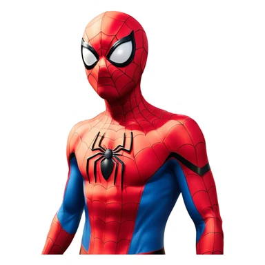 "A highly detailed and realistic Spider-Man standing in a rural farm setting with cows in the background. He has an exaggerated, cartoonishly wide grin, showing big white teeth, and is making a playful gesture by pointing to his head. The scene is bright and colorful, with a mix of realism and surreal humor, giving the image a funny and slightly eerie vibe sticker