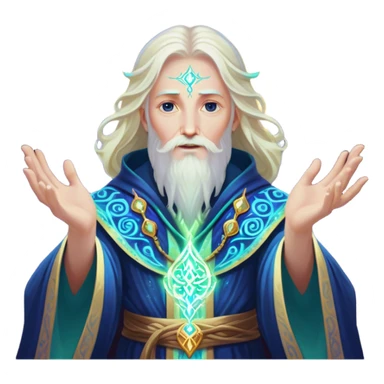 A luminescent enchanted Wizard, his ethereal presence shimmering with otherworldly energy, each detail radiating with mystical power and ancient wisdom. The painting, a masterpiece of acrylic art, captures the Wizards hauntingly beautiful visage in exquisite detail. Swirls of cosmic colors dance around him, evoking a sense of celestial wonder, while intricate patterns of glowing runes adorn his intricate robe. The image is vivid and captivating, drawing viewers into a mesmerizing realm of fantasy and magic. sticker