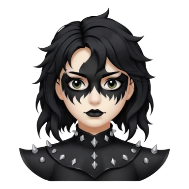 Crea una ragazza con stile black metal,  paint face black metal, capelli neri, mossi dalle spalle e occhi bianchi e un collare con borchie a punta sticker