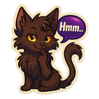 a dark-brown fluffy cute kawaii anthropomorphic furry anime cat-furry with tufted ears, golden eyes, and a long thin tufted tail, thinking, smirking thoughtfully, saying “Hmm..” with a purple speech bubble, (cartoon style) (cute anime style) (furry style) (deviantArt style) (artist style: Kamirah) sticker