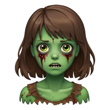Uma menina zombie com um cabelo ondulado médio, com a franja pro lado direito, o cabelo com cor castanho com a cor de pele verde  sticker