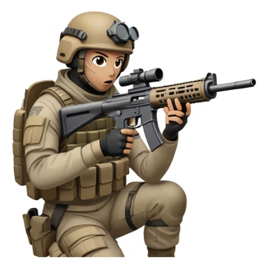 A skilled airsoft player in tactical gear, aiming a gun and shooting metal BBs in a desolate, ruined landscape. The setting is filled with broken walls and debris, creating a tense atmosphere of strategy and precision in a high-stakes tactical environment sticker