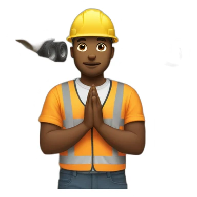 construction worker with hands in prayer standing in front of a DUMP TRUCK sticker