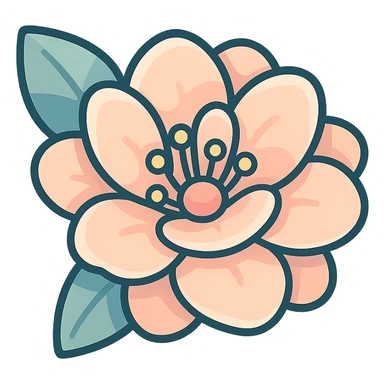 peach flower with multiple layers of petals, icon-color-outlined style, volumetric, detailed shadows and highlights, smooth color transitions, thin clean contours, soft rounded shapes, pastel palette #98B5BC, #B5B3C1, #C9A3C9, #E4C0CA, #F7DCD1, #F7C0AA, modern Japanese pop art and sticker aesthetics, soft lighting, transparent background sticker