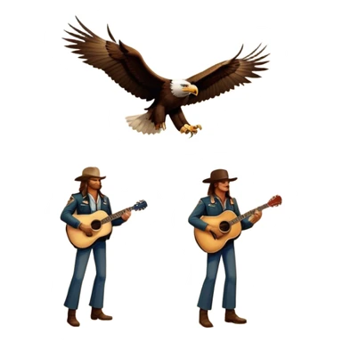 Icon for Country Music: Eagles band representation with classic acoustic guitars, a desert road, and an eagle soaring in the sky. Subtle vintage Americana aesthetics with warm tones, evoking the band's signature sound. Transparent background. sticker