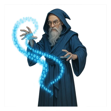 master in AI, alchemist wizard, manipulating blue energy in the form of binary code, long robe, round glasses, transparent background sticker